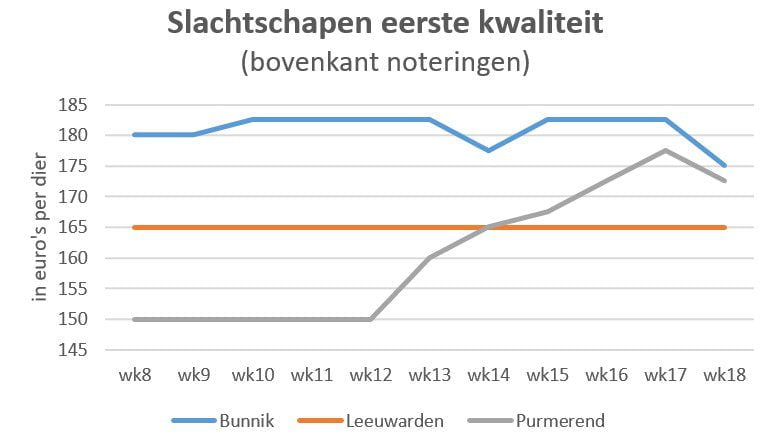 grafiek met marktprijzen van slachtschapen op de veemarkten in Bunnik, Leeuwarden en Purmerend