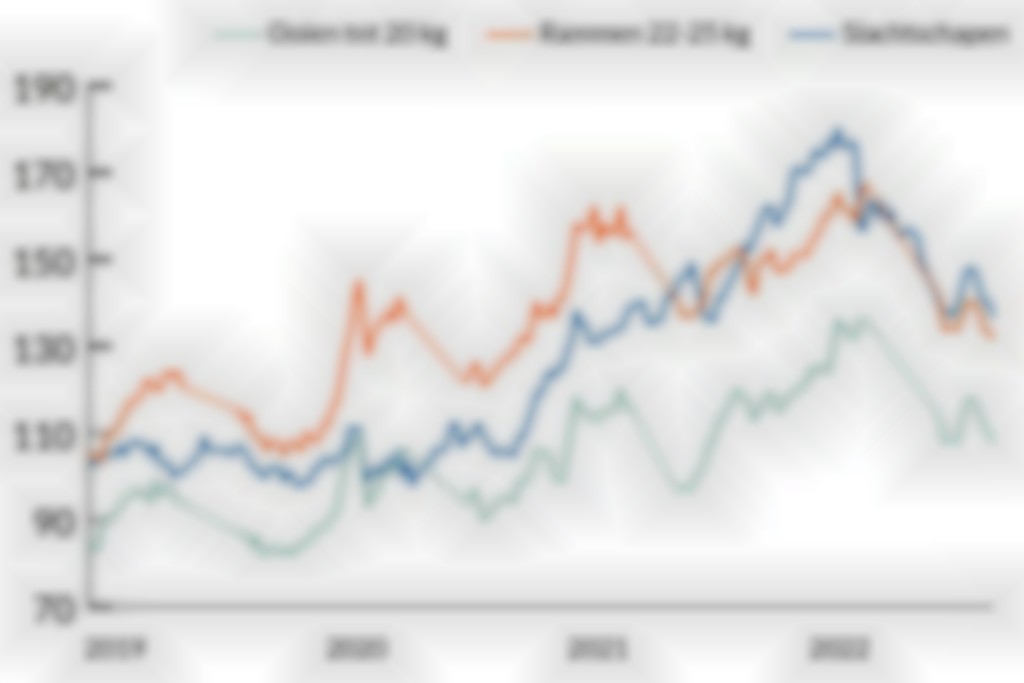 grafiek met gemiddelde prijzen van slachtlammeren en slachtschapen van 2019 tot en met 2022